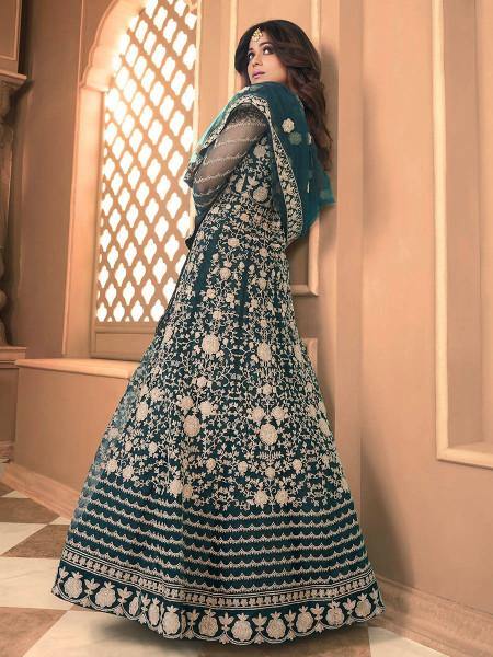 Myra Rama Green Butterfly Net Embroidered Anarkali Suit | Grab2Buy