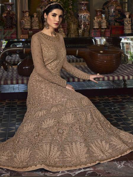 Myra Golden Cream Embroidered Butterfly Net Anarkali Suit | Grab2Buy