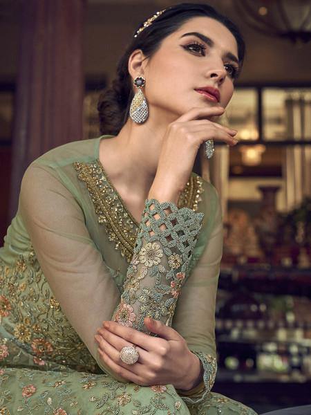 Myra Fashion Pista Embroidered Butterfly Net Anarkali Suit | Grab2Buy