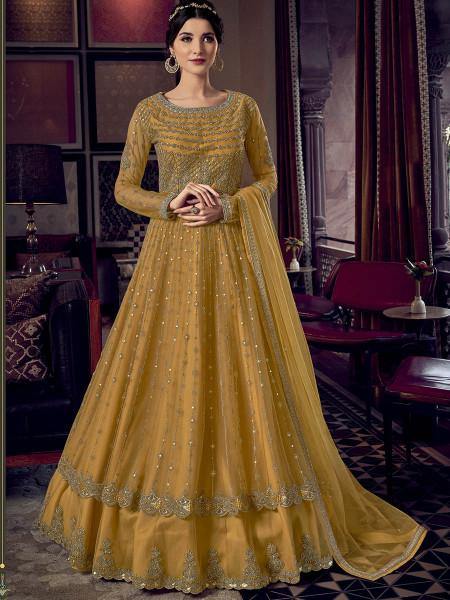 Myra Mustard Yellow Embroidered Butterfly Net Anarkali Suit | Grab2Buy