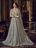 Myra Dusty Grey Embroidered Butterfly Net Anarkali Suit | Grab2Buy