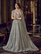 Myra Dusty Grey Embroidered Butterfly Net Anarkali Suit | Grab2Buy
