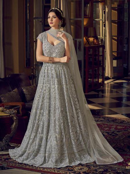 Myra Dusty Grey Embroidered Butterfly Net Anarkali Suit | Grab2Buy