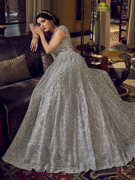 Myra Dusty Grey Embroidered Butterfly Net Anarkali Suit | Grab2Buy