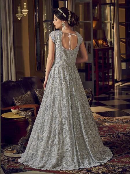 Myra Dusty Grey Embroidered Butterfly Net Anarkali Suit | Grab2Buy
