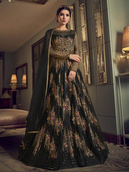 Myra Deep Green Embroidered butterfly net Anarkali Suit | Grab2Buy