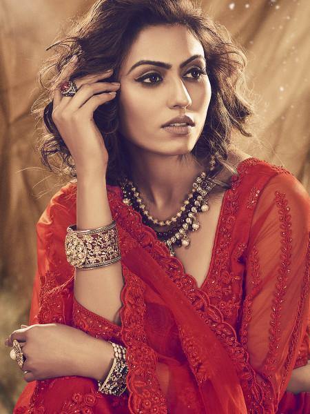 Myra Red Heavy Embroidered Net Bridal Lehenga | Grab2Buy