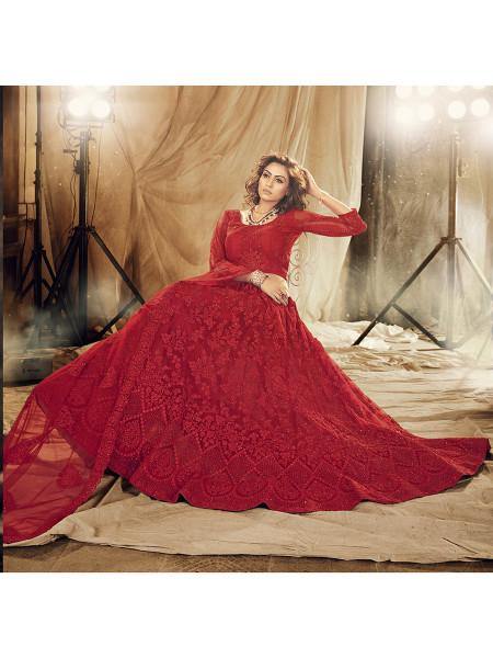 Myra Red Heavy Embroidered Net Bridal Lehenga | Grab2Buy