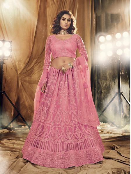 Myra Beautiful Dusty Pink Heavy Embroidered Net Bridal Lehenga | Grab2Buy