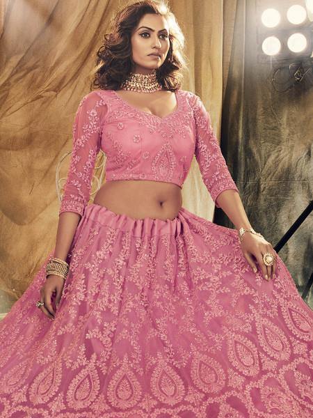 Myra Beautiful Dusty Pink Heavy Embroidered Net Bridal Lehenga | Grab2Buy
