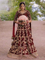 Myra Wine Heavy Embroidered Velvet Bridal Lehenga | Grab2Buy
