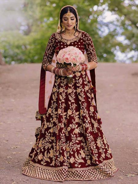 Myra Wine Heavy Embroidered Velvet Bridal Lehenga | Grab2Buy
