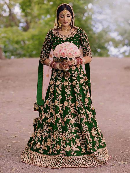 Myra Green Heavy Embroidered Velvet Bridal Lehenga | Grab2Buy