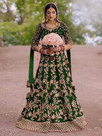 Myra Green Heavy Embroidered Velvet Bridal Lehenga | Grab2Buy