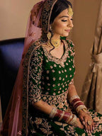 Myra Green Heavy Embroidered Velvet Bridal Lehenga | Grab2Buy