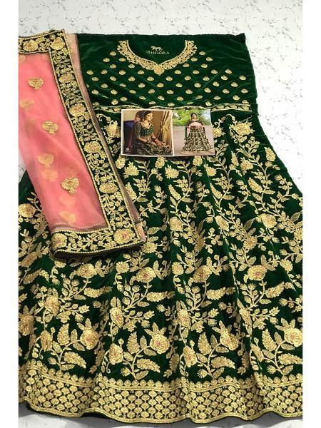 Myra Green Heavy Embroidered Velvet Bridal Lehenga | Grab2Buy