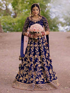 Myra Royal Blue Heavy Embroidered Velvet Bridal Lehenga | Grab2Buy
