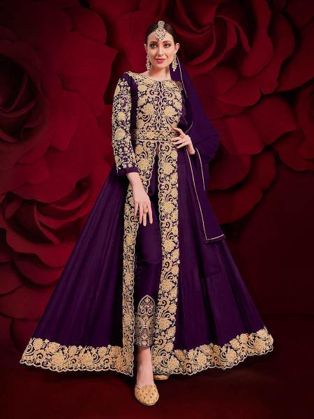 Myra Purple Georgette Embroidered Anarkali Pant Style Suit | Grab2Buy