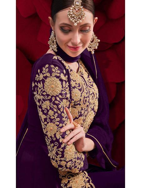 Myra Purple Georgette Embroidered Anarkali Pant Style Suit | Grab2Buy