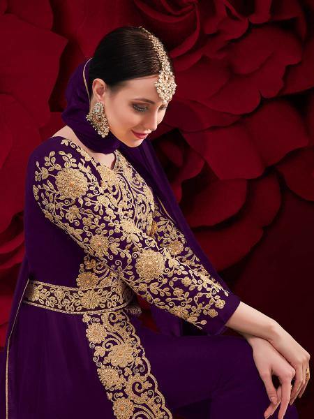 Myra Purple Georgette Embroidered Anarkali Pant Style Suit | Grab2Buy