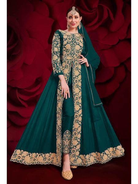 Myra Dark Green Georgette Embroidered Anarkali Pant Style Suit | Grab2Buy