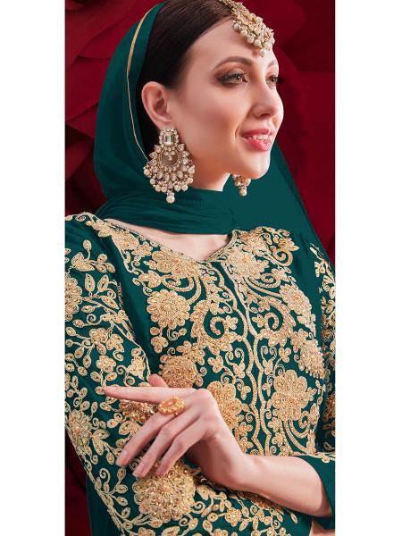 Myra Dark Green Georgette Embroidered Anarkali Pant Style Suit | Grab2Buy