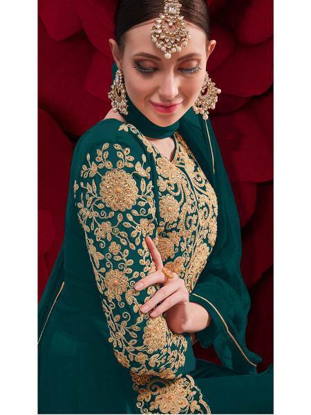 Myra Dark Green Georgette Embroidered Anarkali Pant Style Suit | Grab2Buy