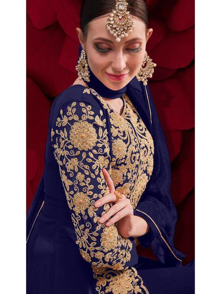 Myra Navy Blue Georgette Embroidered Anarkali Pant Style Suit | Grab2Buy