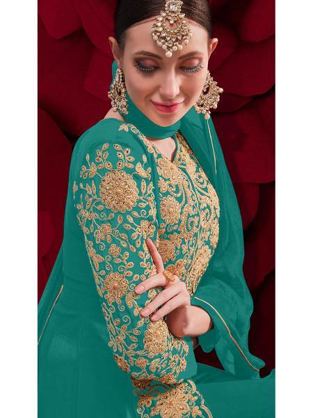 Myra Sky Blue Georgette Embroidered Anarkali Pant Style Suit | Grab2Buy