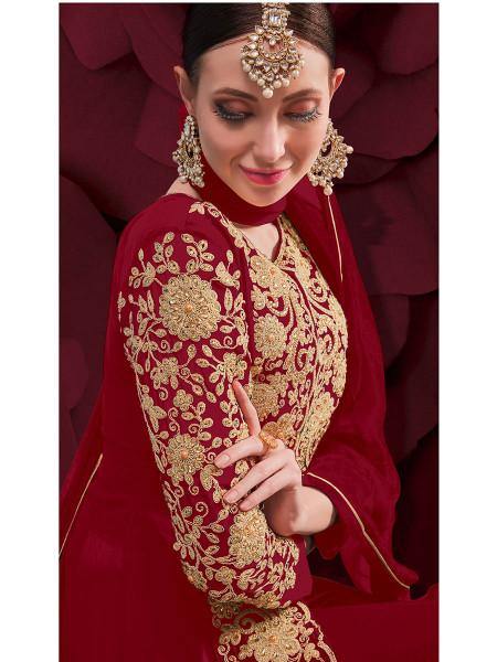 Myra Maroon Georgette Embroidered Anarkali Pant Style Suit | Grab2Buy