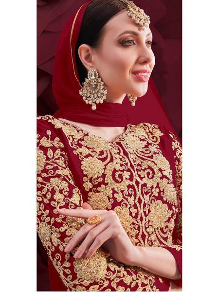 Myra Maroon Georgette Embroidered Anarkali Pant Style Suit | Grab2Buy