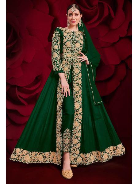 Myra Beautiful Green Georgette Embroidered Anarkali Pant Style Suit | Grab2Buy