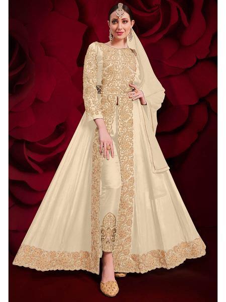 Myra Cream Georgette Embroidered Anarkali Pant Style Suit | Grab2Buy
