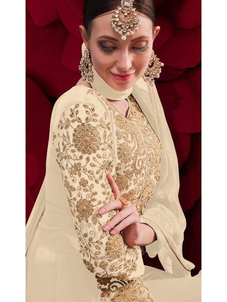 Myra Cream Georgette Embroidered Anarkali Pant Style Suit | Grab2Buy