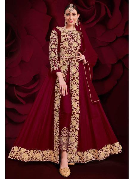 Myra Wine Georgette Embroidered Anarkali Pant Style Suit | Grab2Buy