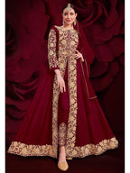 Myra Wine Georgette Embroidered Anarkali Pant Style Suit | Grab2Buy