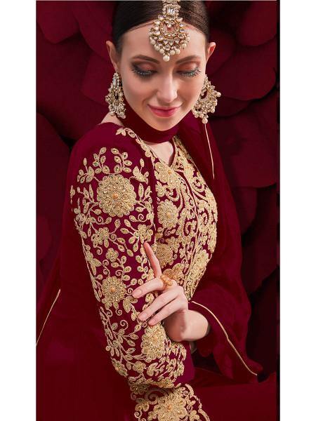 Myra Wine Georgette Embroidered Anarkali Pant Style Suit | Grab2Buy