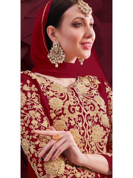 Myra Wine Georgette Embroidered Anarkali Pant Style Suit | Grab2Buy