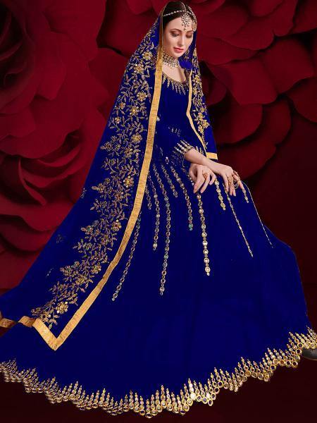 Myra Royal Blue Georgette Embroidered Anarkali Pant Style Suit | Grab2Buy