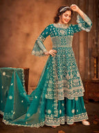 Myra Rama Green Heavy Embroidered Gharara Suit | Grab2Buy