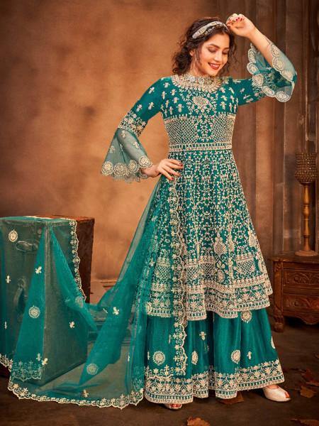 Myra Rama Green Heavy Embroidered Gharara Suit | Grab2Buy
