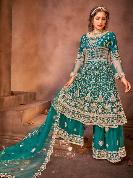 Myra Rama Green Heavy Embroidered Gharara Suit | Grab2Buy