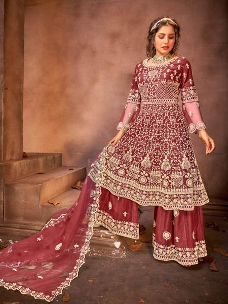 Myra Maroon Embroidered Gharara Suit | Grab2Buy