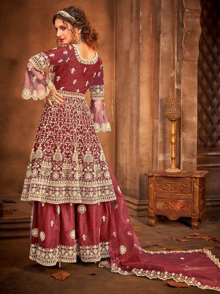 Myra Maroon Embroidered Gharara Suit | Grab2Buy