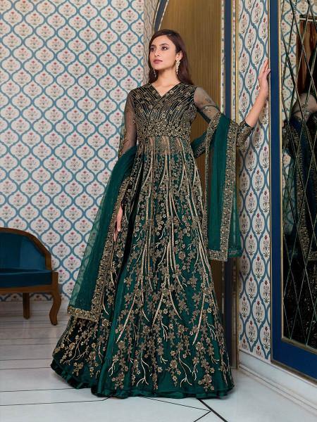 Myra Peacock Blue Net Embroidery Gown | Grab2Buy