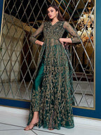 Myra Peacock Blue Net Embroidery Gown | Grab2Buy
