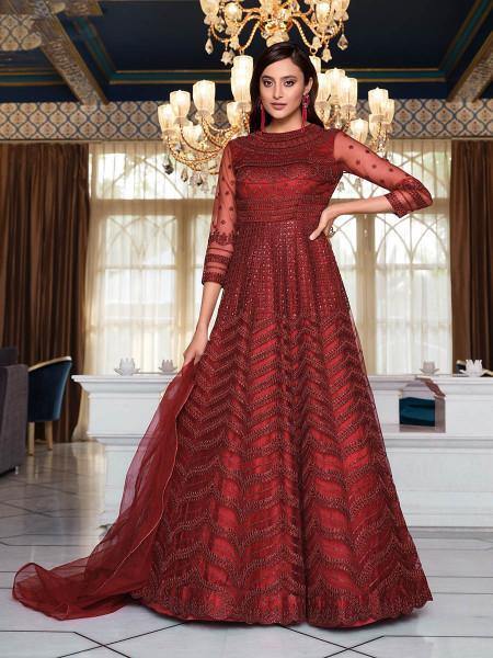 Myra Maroon Net Embroidery Gown | Grab2Buy