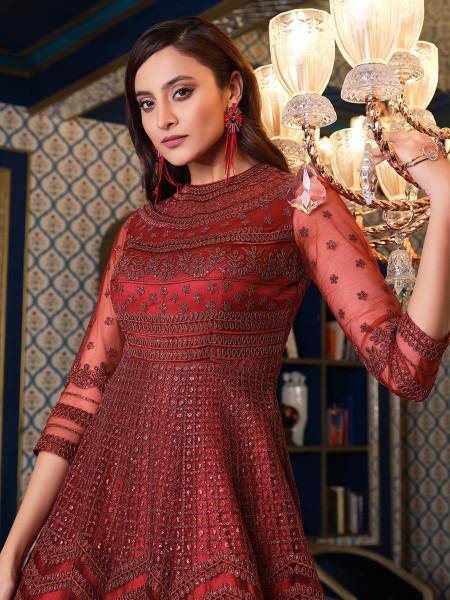 Myra Maroon Net Embroidery Gown | Grab2Buy