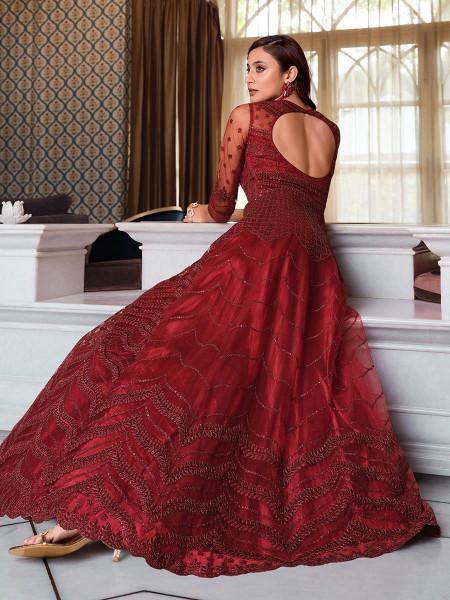 Myra Maroon Net Embroidery Gown | Grab2Buy