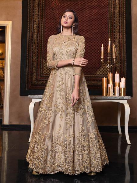Myra Beige Net Embroidery Beautiful Gown | Grab2Buy